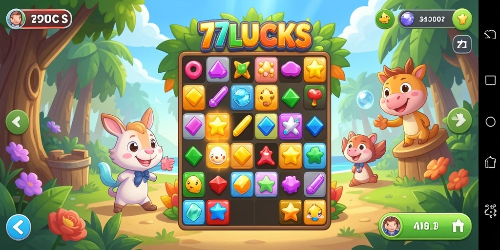 Screenshot gameplay <strong>77LUCKS</strong> menampilkan momen seru mencocokkan tiga elemen.