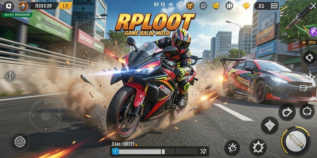 Screenshot gameplay RPLOOT dengan aksi balap motor yang seru.