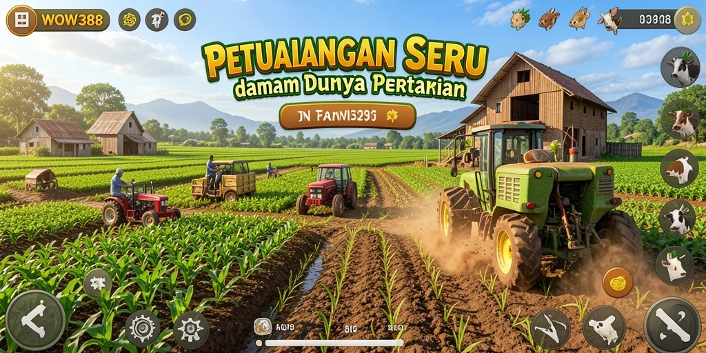 Tampilan gameplay <strong>WOW388</strong> yang menampilkan keindahan alam dan pertanian.
